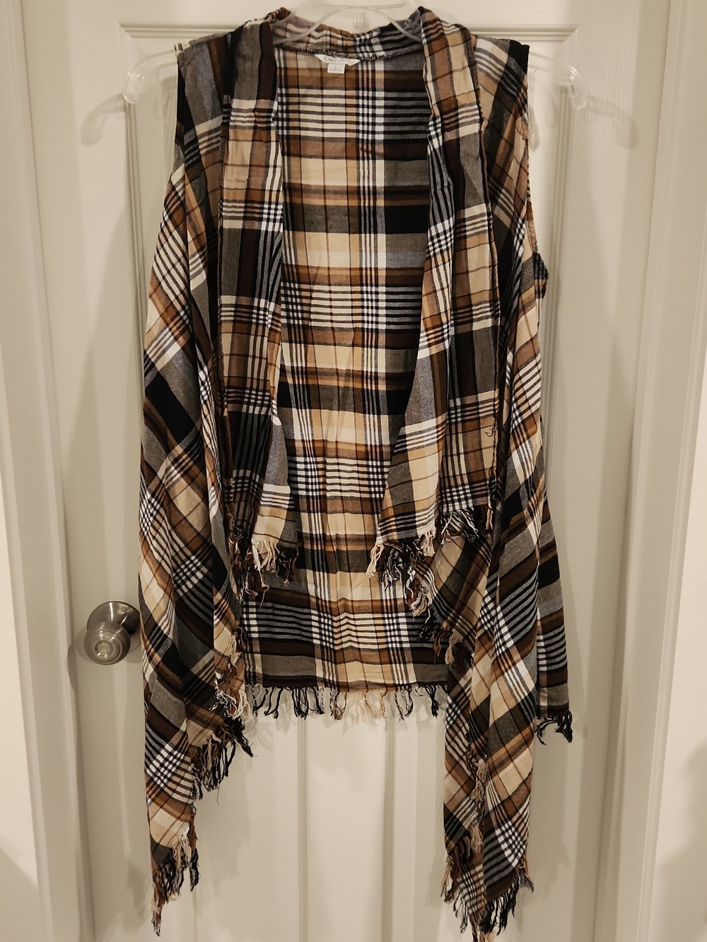 Cato Vest Womens L Neutral Plaid Sleeveless Open Front Fringe Waterfall Draped
